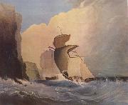 Sailing ships off a rocky coast